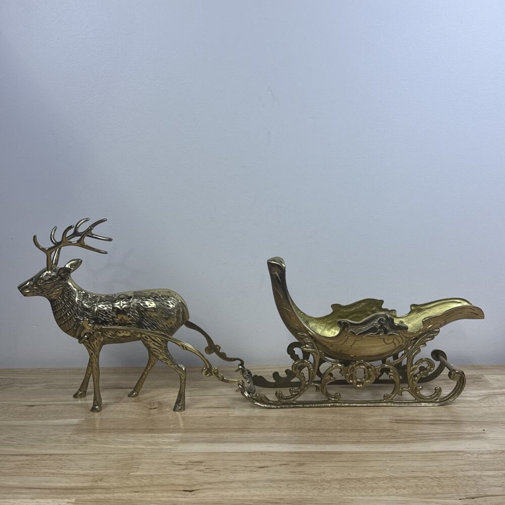 Large Vintage Solid Brass 4 Piece Christmas Reindeer and Sleigh 22” Long